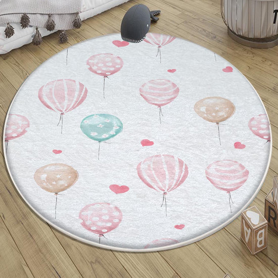 Round Colorful Pink Hearts Balloons Girls Nursery Room Rug, Cute Rug Gift For Kid, Girl Baby Room Gift, Kid Room Decor with pillow case gift