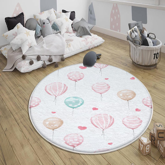 Round Colorful Pink Hearts Balloons Girls Nursery Room Rug, Cute Rug Gift For Kid, Girl Baby Room Gift, Kid Room Decor with pillow case gift