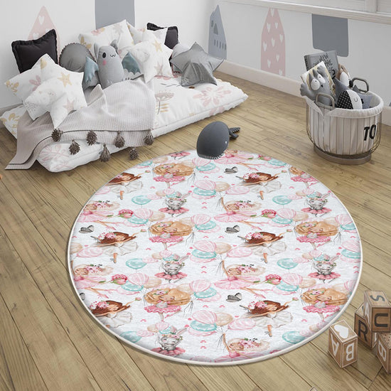 Round Colorful Ballerina Girls Balloons Nursery Room Rug, Cute Rug Gift For Kid, Girl Baby Room Gift, Kid Room Decor with pillow case gift