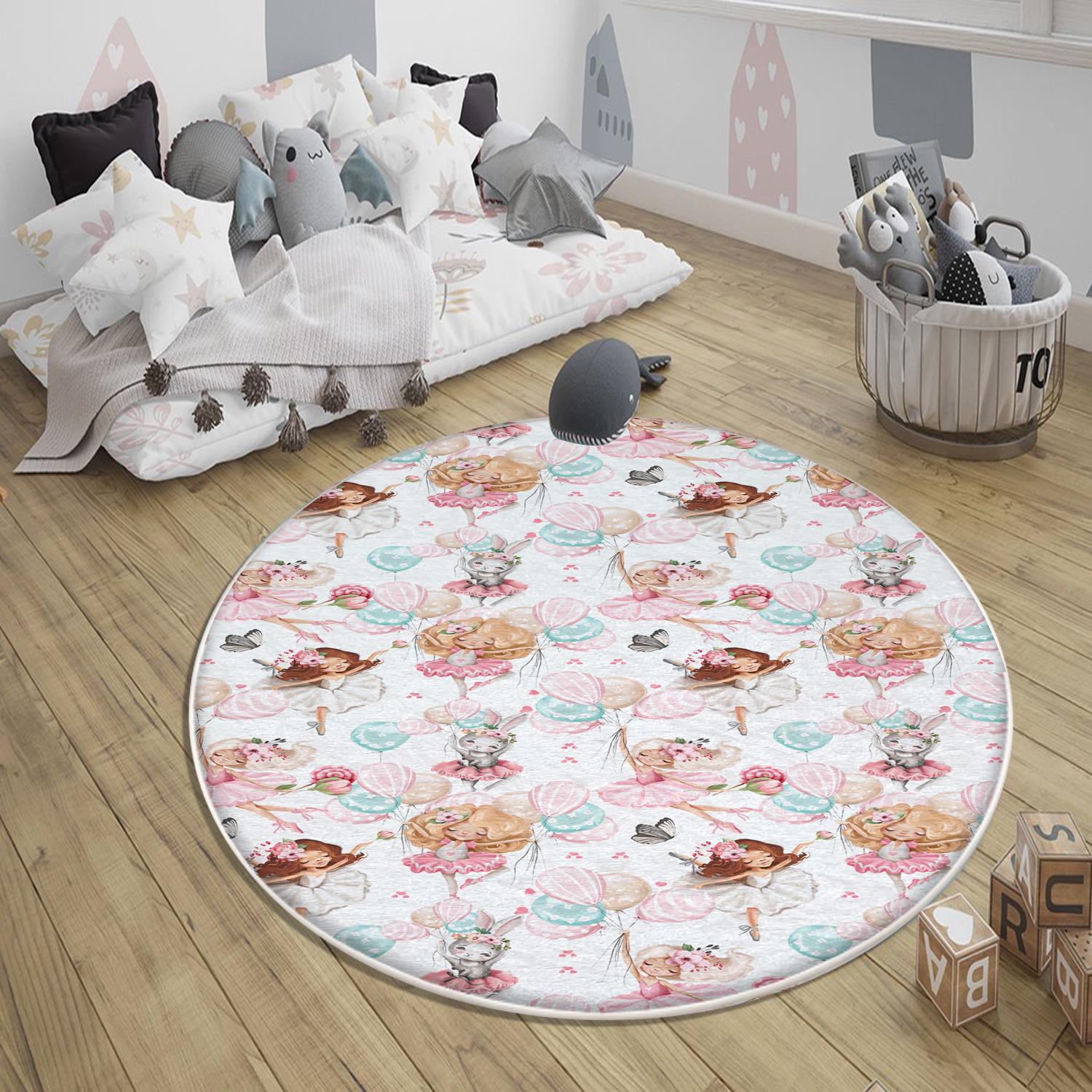 Round Colorful Ballerina Girls Balloons Nursery Room Rug, Cute Rug Gift For Kid, Girl Baby Room Gift, Kid Room Decor with pillow case gift