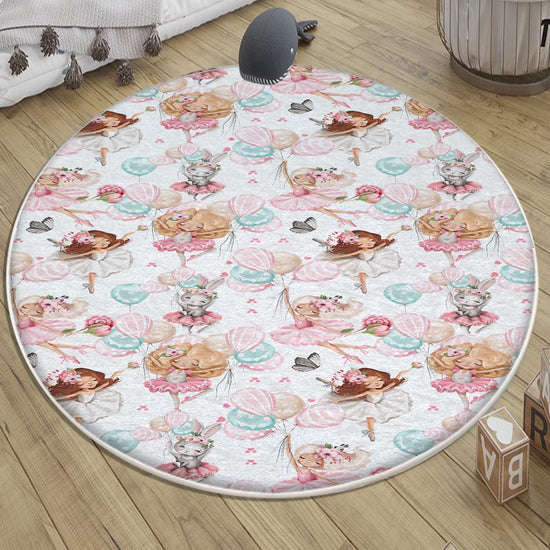 Round Colorful Ballerina Girls Balloons Nursery Room Rug, Cute Rug Gift For Kid, Girl Baby Room Gift, Kid Room Decor with pillow case gift