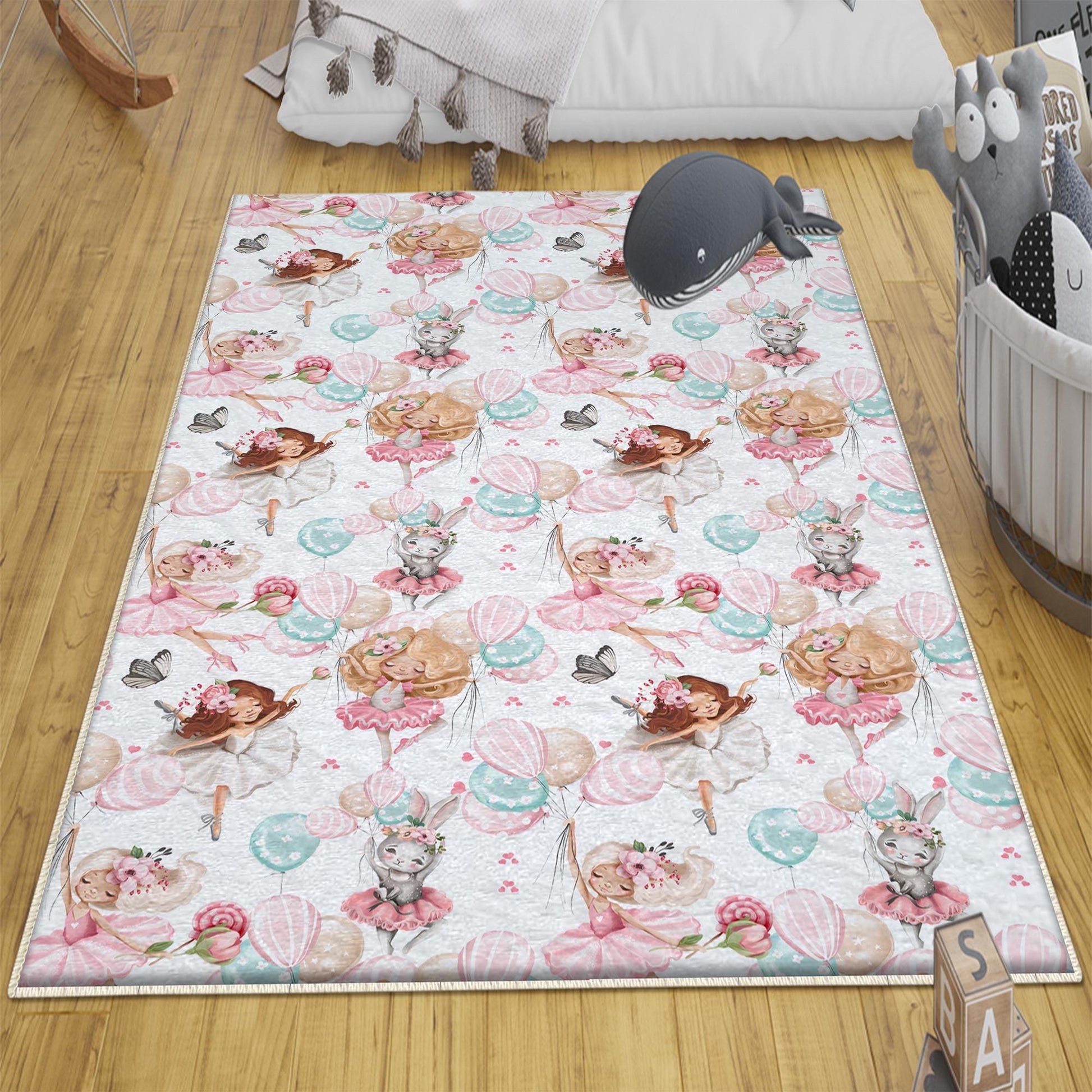 Round Colorful Ballerina Girls Balloons Nursery Room Rug, Cute Rug Gift For Kid, Girl Baby Room Gift, Kid Room Decor with pillow case gift