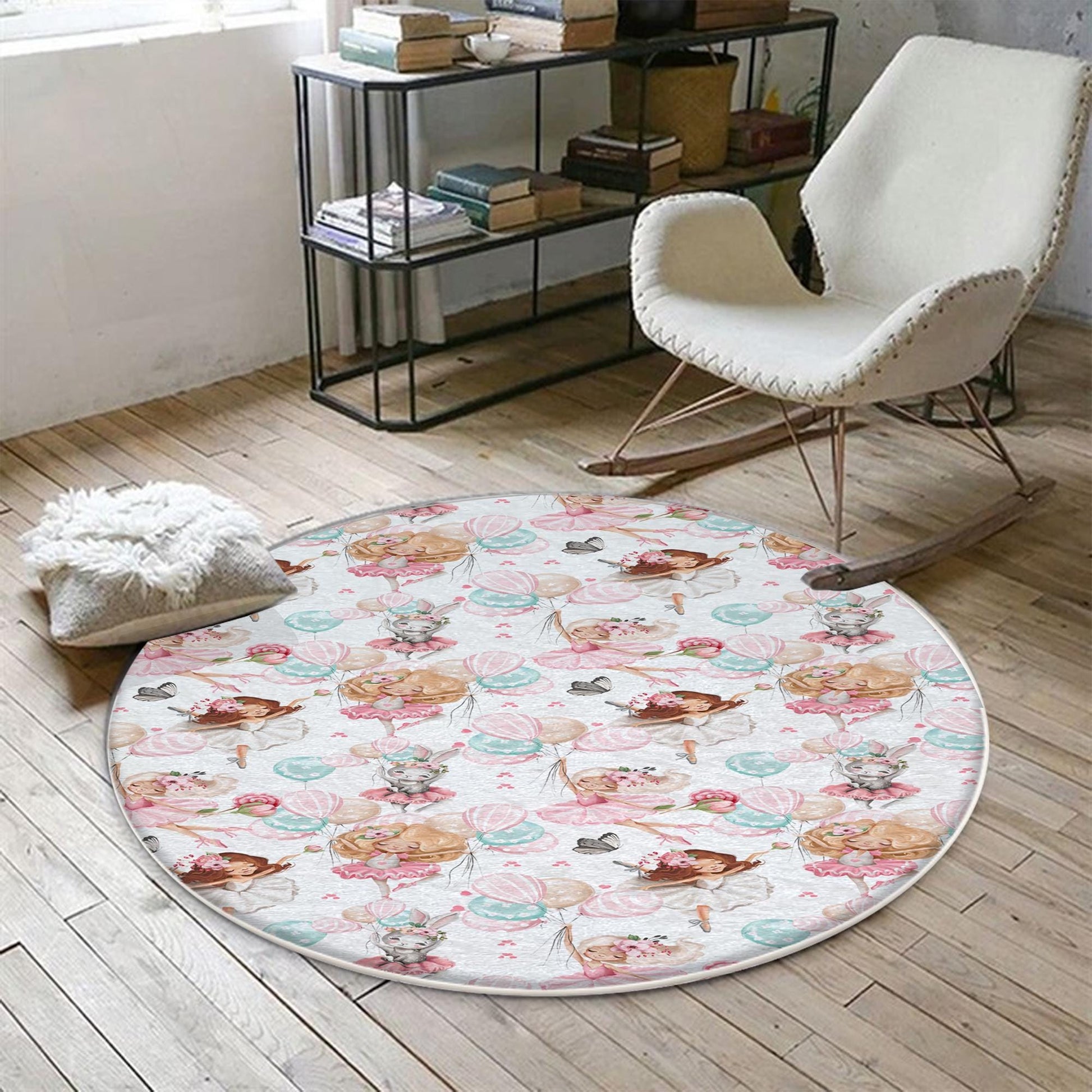 Round Colorful Ballerina Girls Balloons Nursery Room Rug, Cute Rug Gift For Kid, Girl Baby Room Gift, Kid Room Decor with pillow case gift