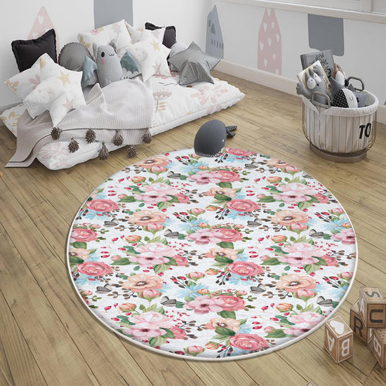 Round Colorful Flowers Floral Baby Nursery Room Rug, Cute Rug Gift For Kid, Girl Baby Room Gift, Kid Room Decor with pillow case gift