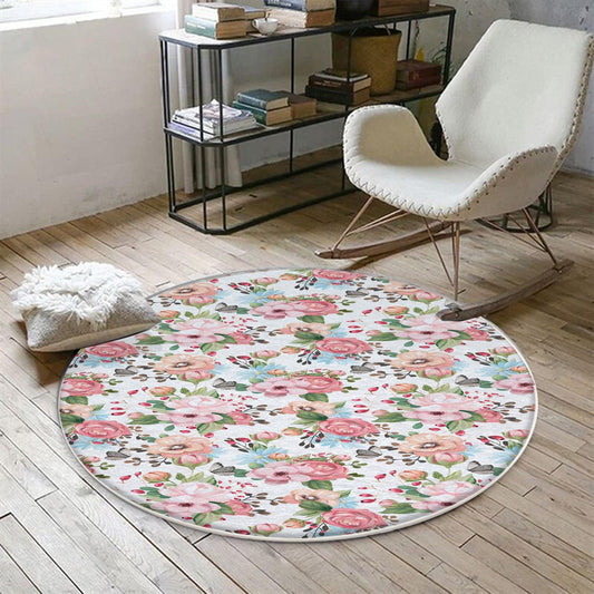 Round Colorful Flowers Floral Baby Nursery Room Rug, Cute Rug Gift For Kid, Girl Baby Room Gift, Kid Room Decor with pillow case gift
