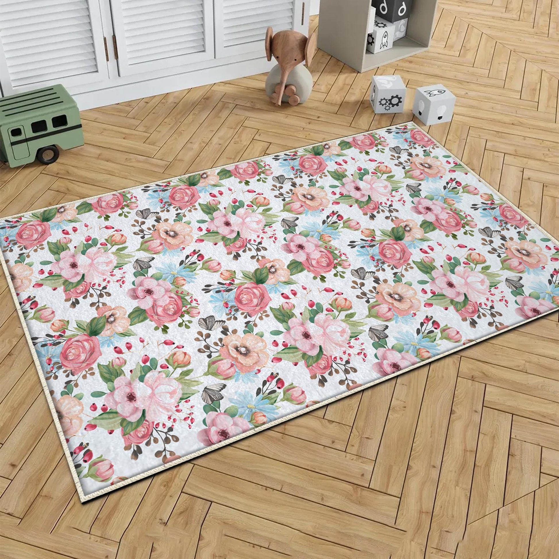 Round Colorful Flowers Floral Baby Nursery Room Rug, Cute Rug Gift For Kid, Girl Baby Room Gift, Kid Room Decor with pillow case gift