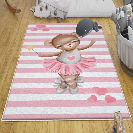 Pink Ballerina Bear Hearts Girl Nursery Room Rug, Cute Bear Rug Gift For Kid, Girl Baby Room Gift, Kid Room Decor with pillow case gift