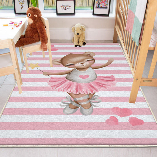 Round Pink Ballerina Bear Heart Girl Nursery Room Rug, Cute Bear Rug Gift For Kid, Girl Baby Room Gift, Kid Room Decor with pillow case gift