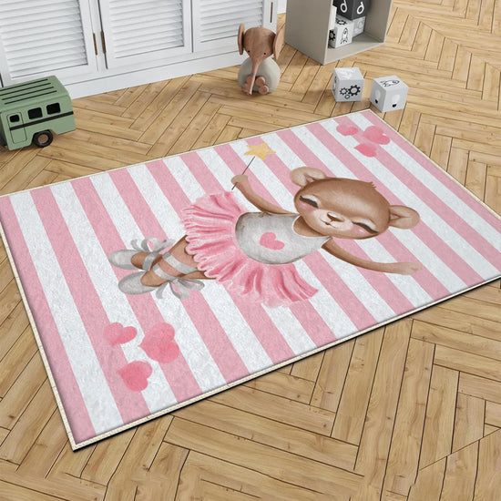 Round Pink Ballerina Bear Heart Girl Nursery Room Rug, Cute Bear Rug Gift For Kid, Girl Baby Room Gift, Kid Room Decor with pillow case gift