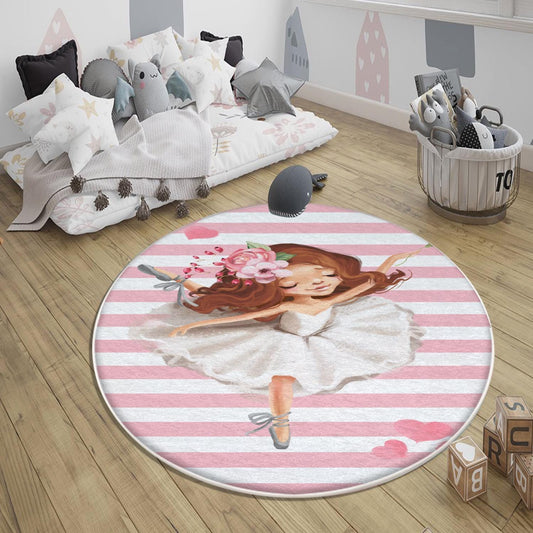 Round Pink White Ballerina Girl Nursery Room Rug, Cute Ballerina Rug Gift For Kid, Girl Baby Room Gift, Kid Room Decor with pillow case gift