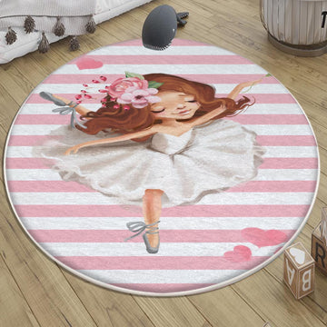Round Pink White Ballerina Girl Nursery Room Rug, Cute Ballerina Rug Gift For Kid, Girl Baby Room Gift, Kid Room Decor with pillow case gift