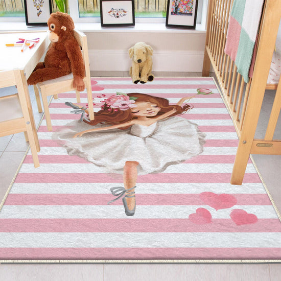 Round Pink White Ballerina Girl Nursery Room Rug, Cute Ballerina Rug Gift For Kid, Girl Baby Room Gift, Kid Room Decor with pillow case gift