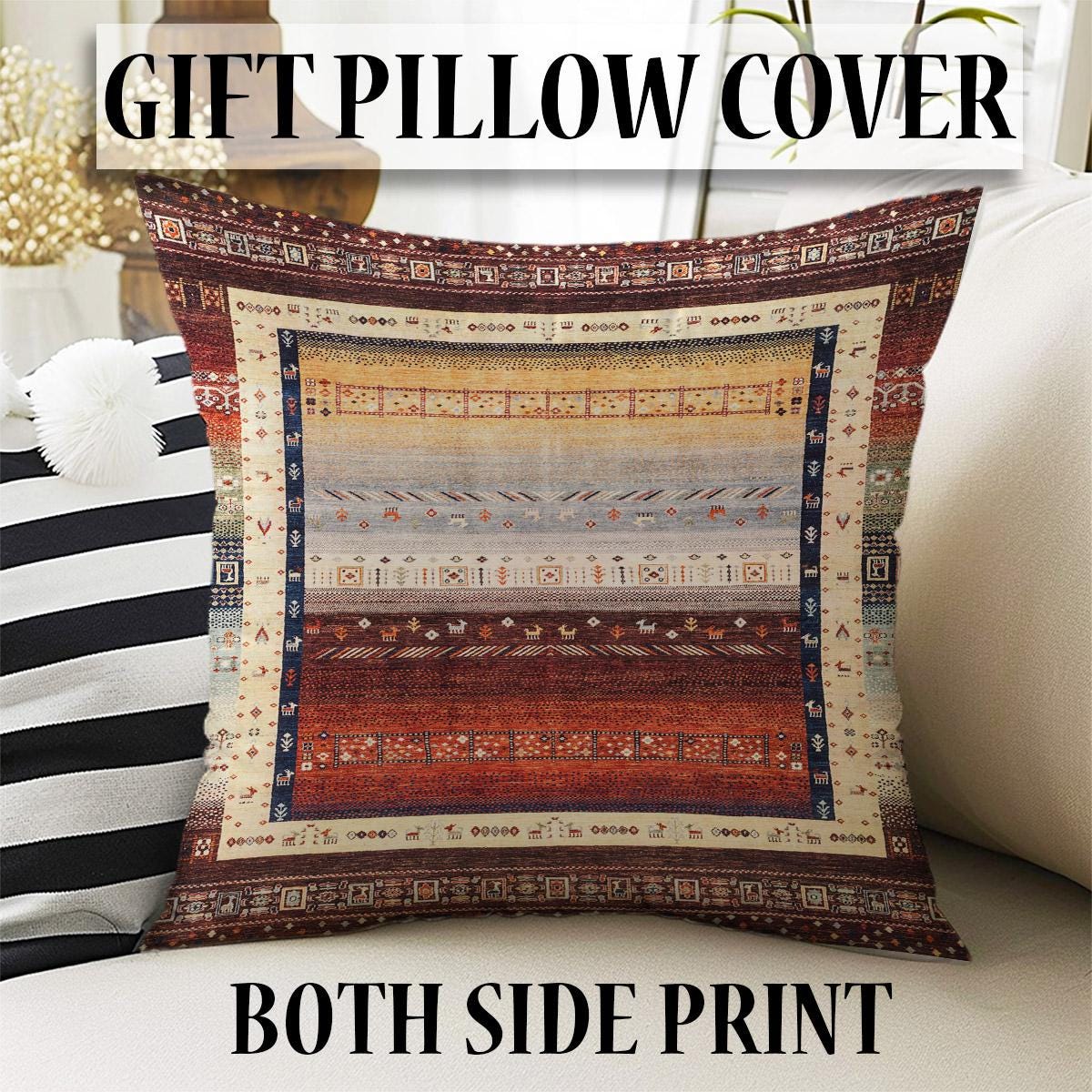 Authentic Ethnic Retro Persian Non-Slip Turkish Kilim Area Rug, Washable Living Room Rugs with pillow case gift, Housewarming Gift