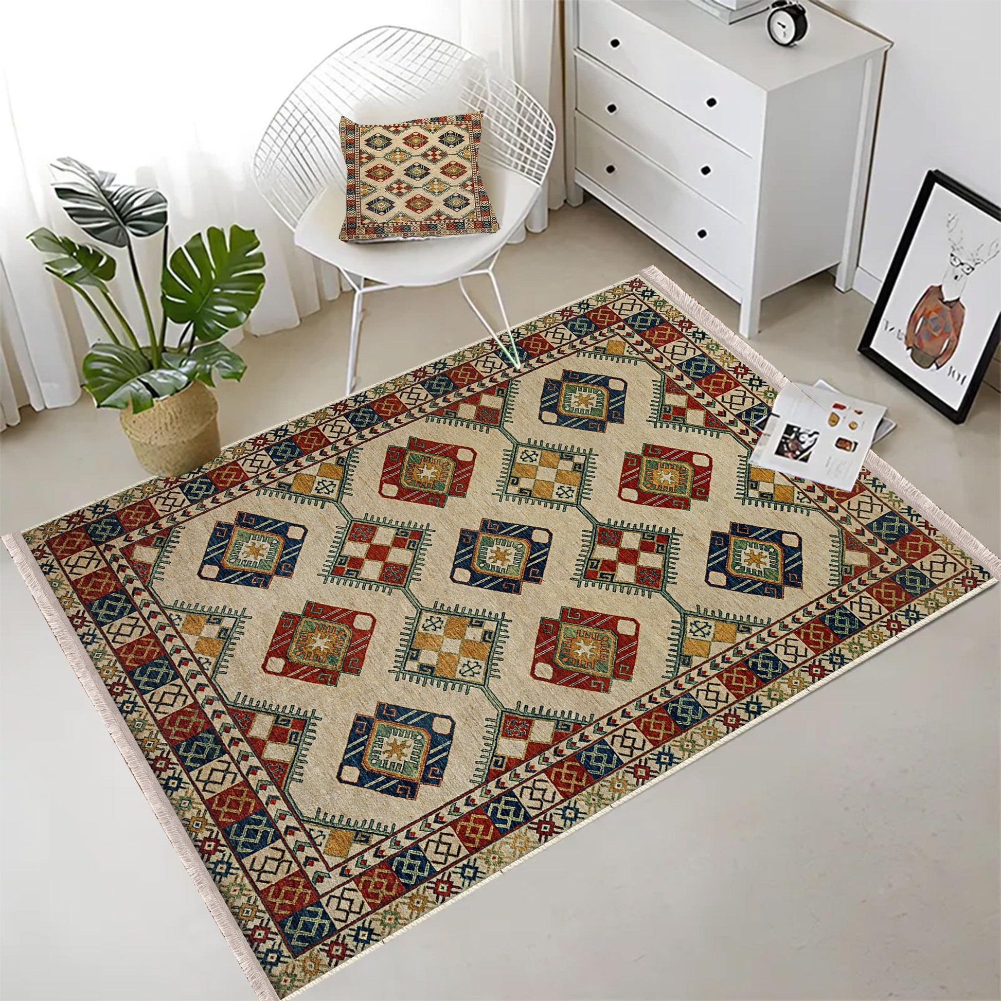 Authentic Ethnic Retro Persian Non-Slip Turkish Kilim Area Rug, Washable Living Room Rugs with pillow case gift, Housewarming Gift
