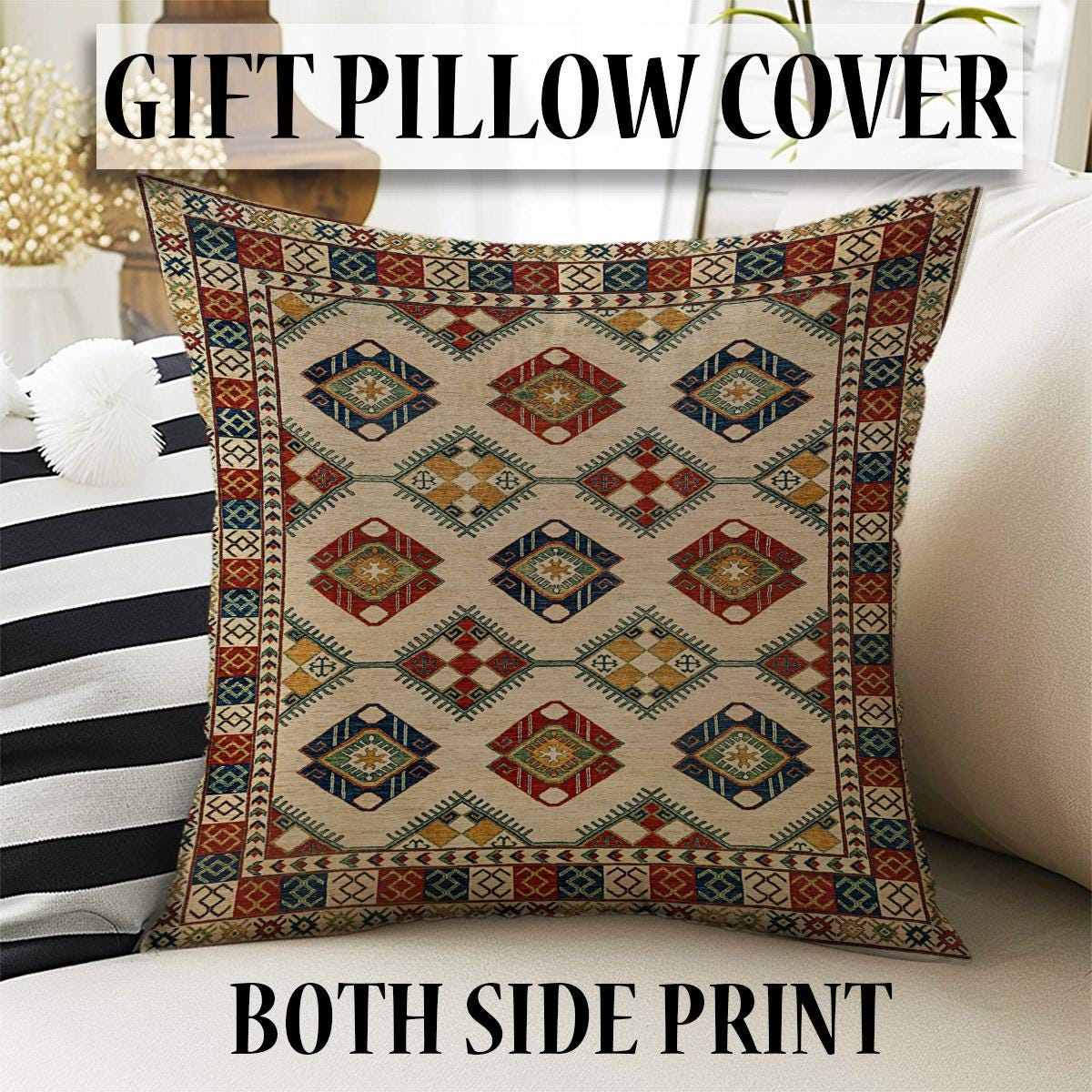 Authentic Ethnic Retro Persian Non-Slip Turkish Kilim Area Rug, Washable Living Room Rugs with pillow case gift, Housewarming Gift