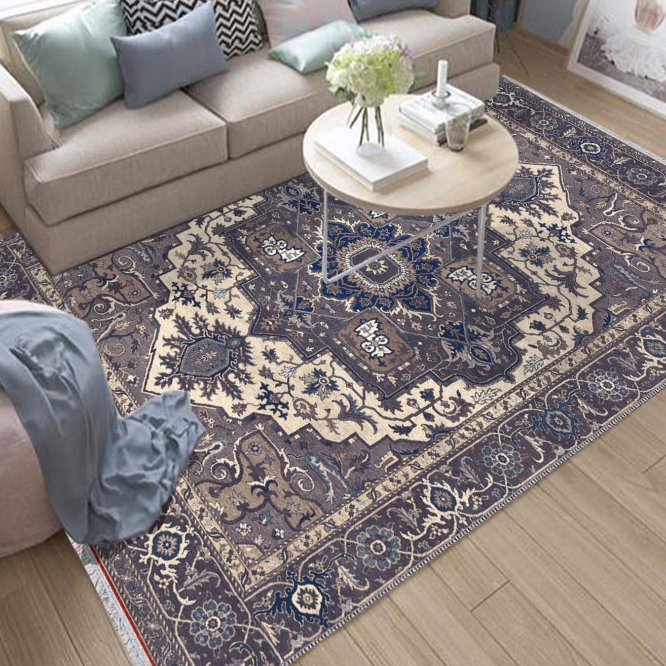 Blue Gray Anatolian Classic Area Rug|Ethnic Print Turkish Rug|Vintage Carpet|Washable Living Room Rug|Ottoman Court Carpet|Traditional Decor
