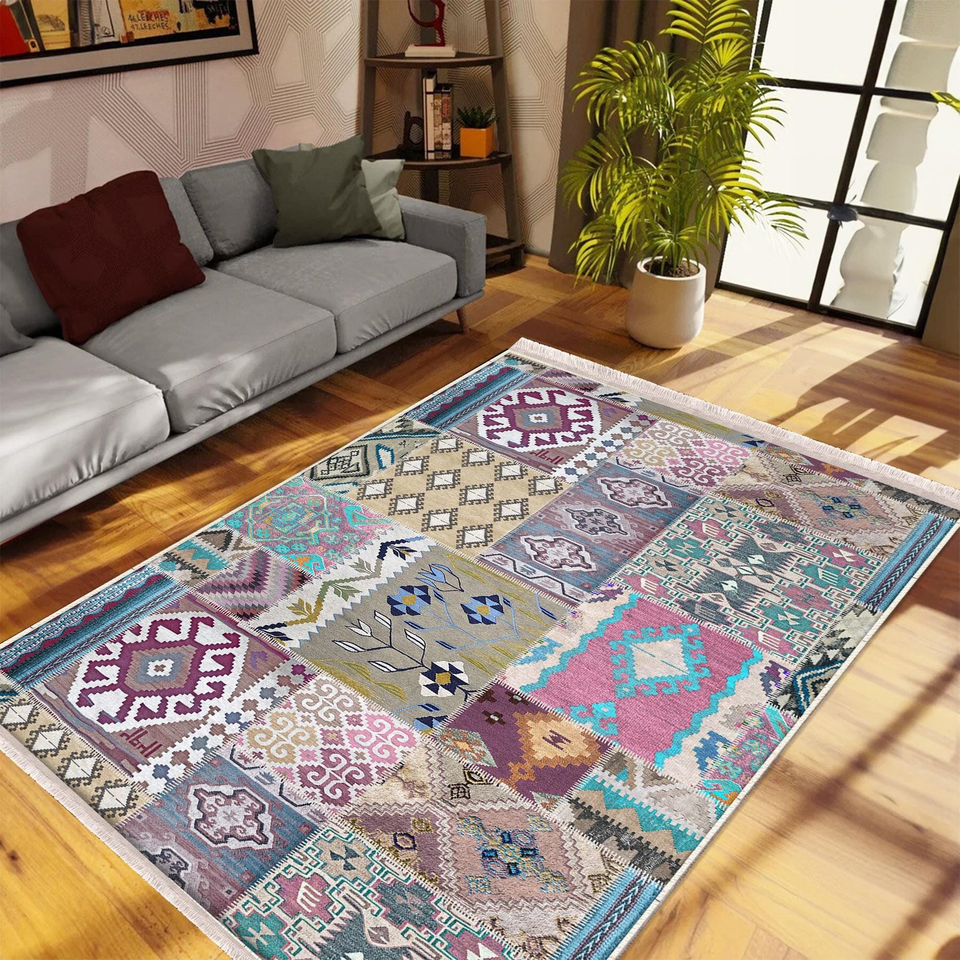 Authentic Ethnic Retro Persian Non-Slip Turkish Kilim Area Rug, Washable Living Room Rugs with pillow case gift, Housewarming Gift
