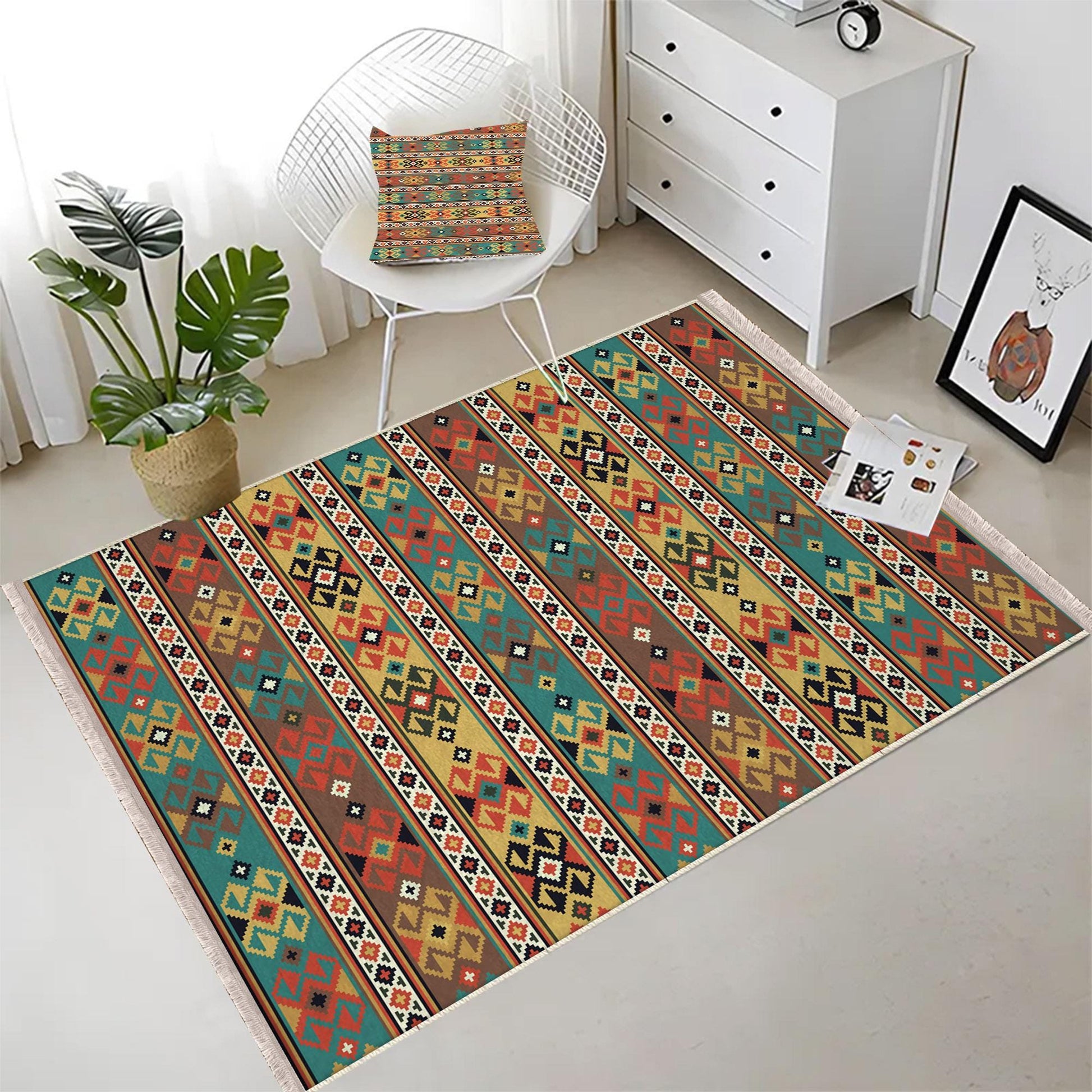 Aztec Ethnic Retro Persian Anatolian Turkish Kilim Area Rug, Washable Non Slip Living Room Rugs with pillow case gift, Housewarming Gift