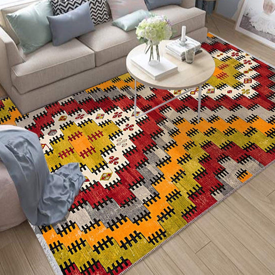 Yellow Red Southwest Boho Area Rug|Ethnic Print Turkish Rug|Vintage Carpet|Washable Living Room Rug|Ottoman Court Carpet|Traditional Decor