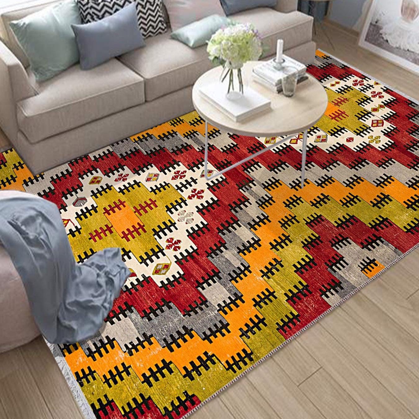 Yellow Red Southwest Boho Area Rug|Ethnic Print Turkish Rug|Vintage Carpet|Washable Living Room Rug|Ottoman Court Carpet|Traditional Decor