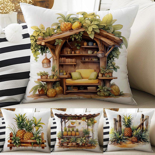 Pineapple Summer Theme Both Side Printed Pillow Cases, Cozy Cottagecore Accent Pillow, Tropical Spun Pillow Cushion, Housewarming Gift