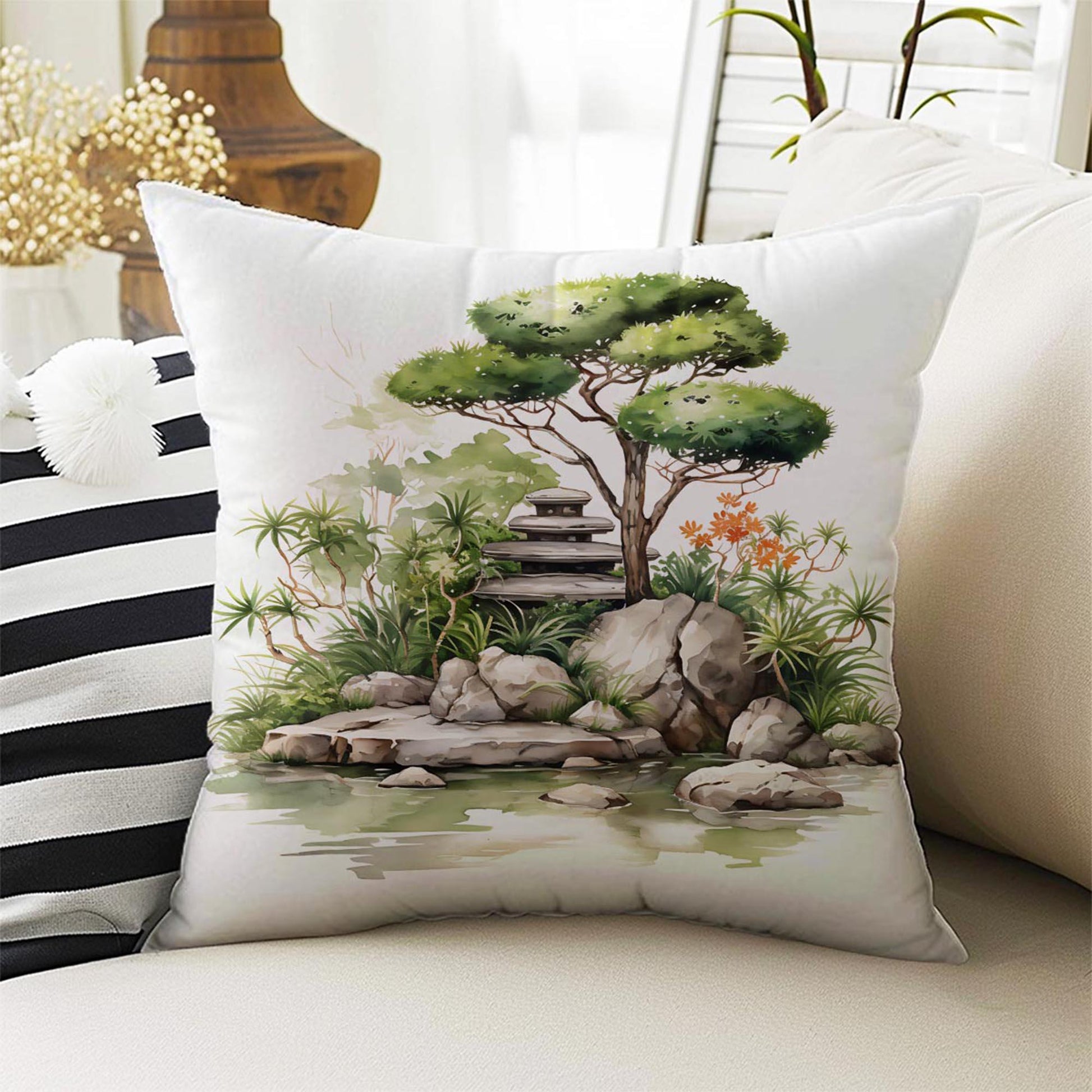 Nature Green Botanic Theme Both Side Printed Pillow Cases, Cozy Cottagecore Accent Pillow, Floral Spun Pillow Cushion, Housewarming Gift