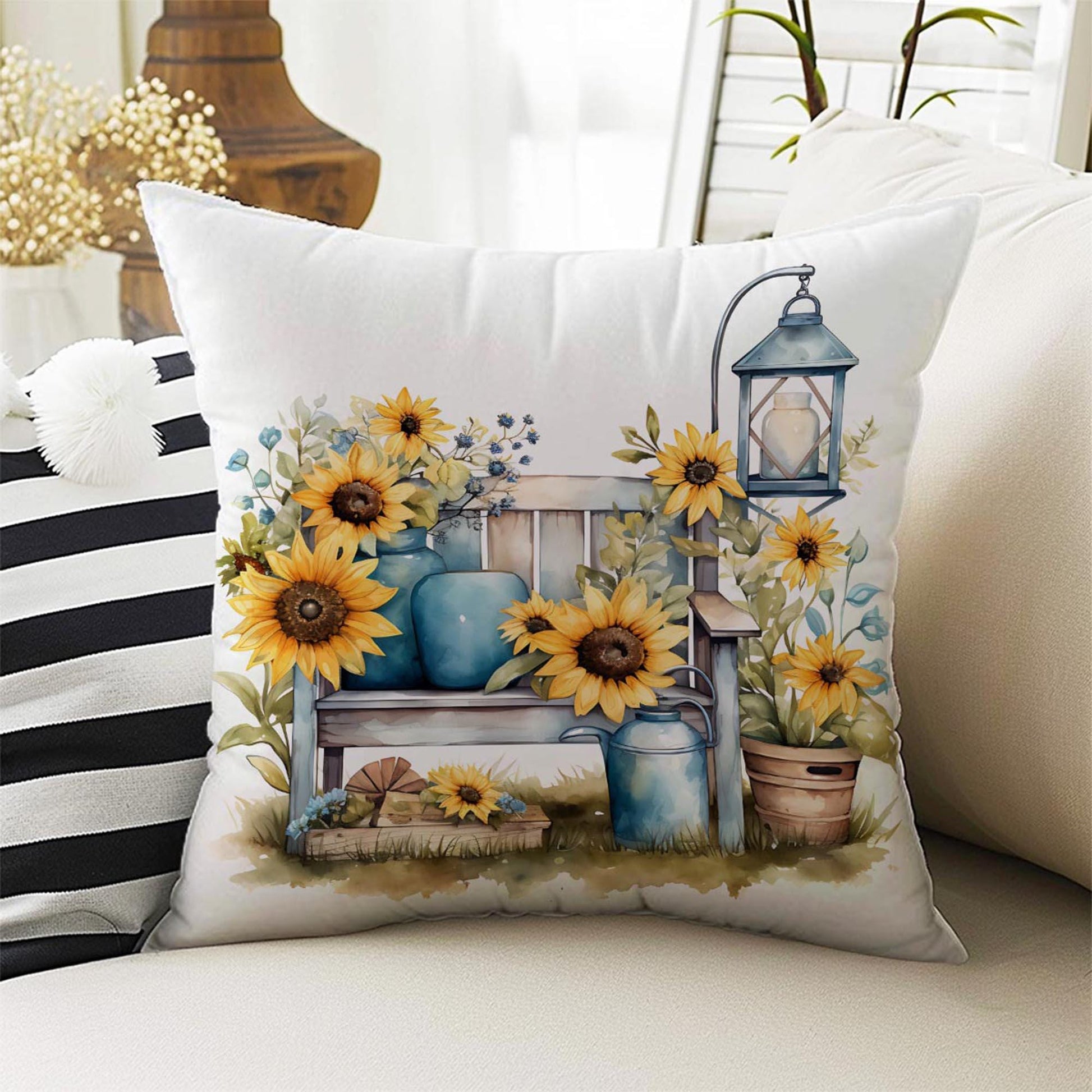 Sunflowers Farmhouse Theme Both Side Printed Pillow Cases, Cozy Cottagecore Accent Pillow, Floral Spun Pillow Cushion, Housewarming Gift