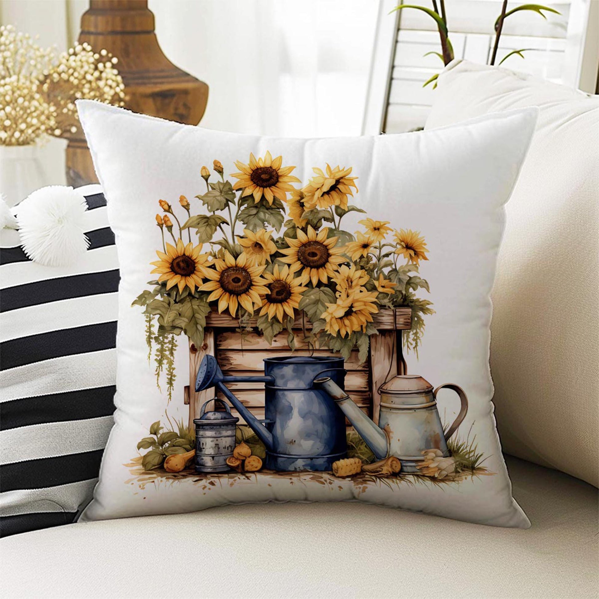 Sunflowers Farmhouse Theme Both Side Printed Pillow Cases, Cozy Cottagecore Accent Pillow, Floral Spun Pillow Cushion, Housewarming Gift