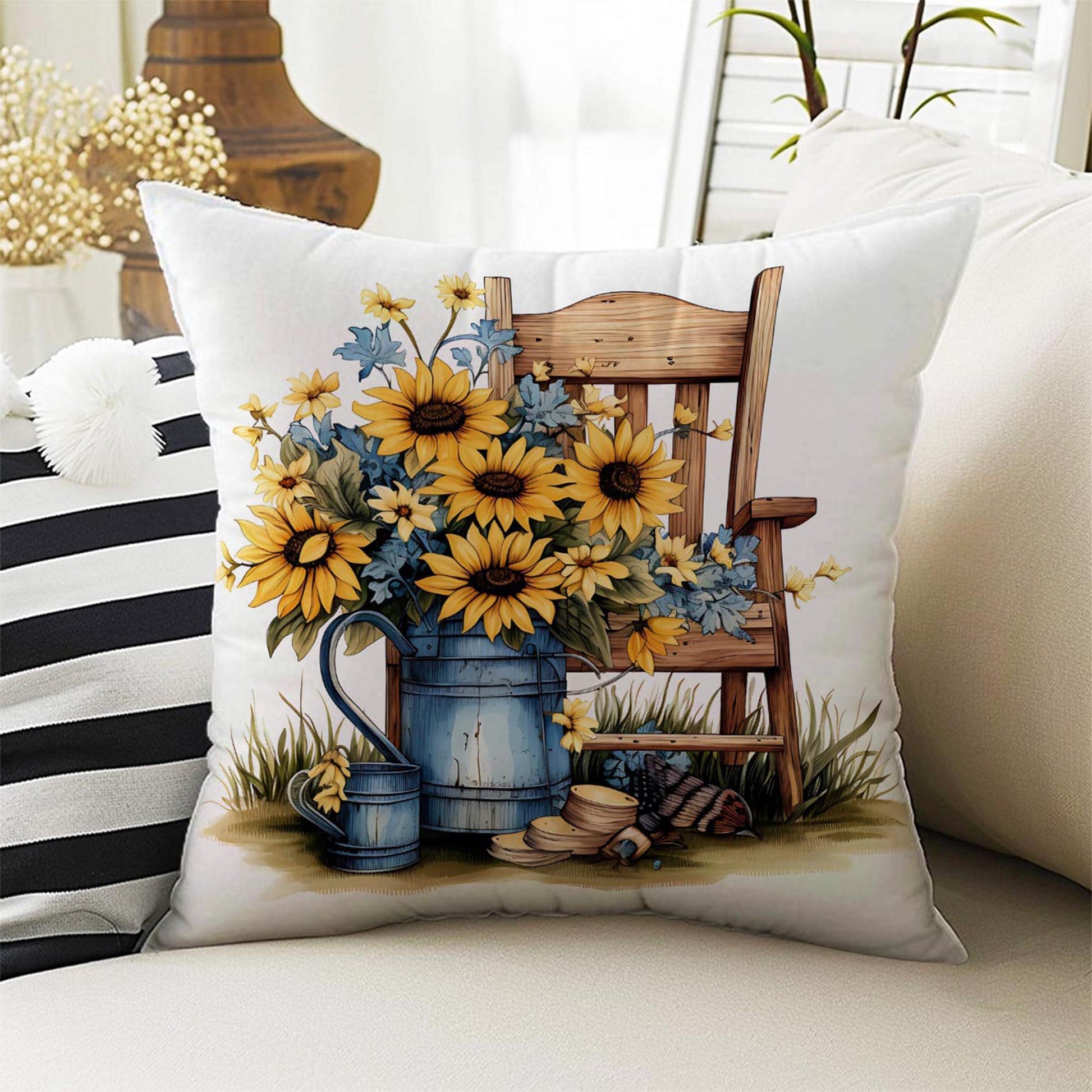 Sunflowers Farmhouse Theme Both Side Printed Pillow Cases, Cozy Cottagecore Accent Pillow, Floral Spun Pillow Cushion, Housewarming Gift