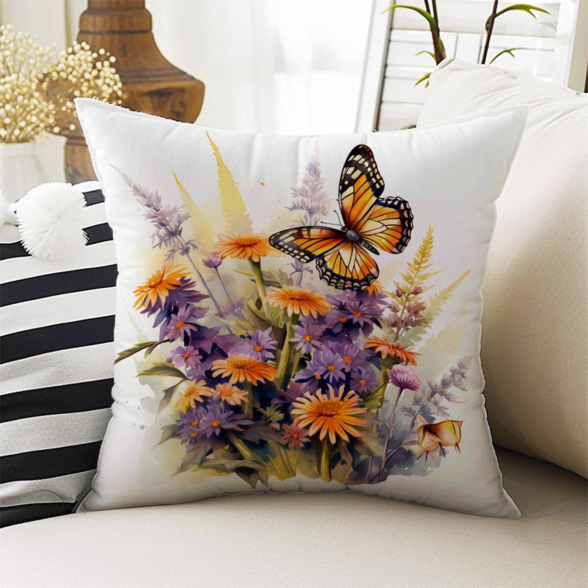 Wild Flowers Butterfly Theme Both Side Printed Pillow Cases, Cozy Cottagecore Accent Pillow, Floral Spun Pillow Cushion, Housewarming Gift