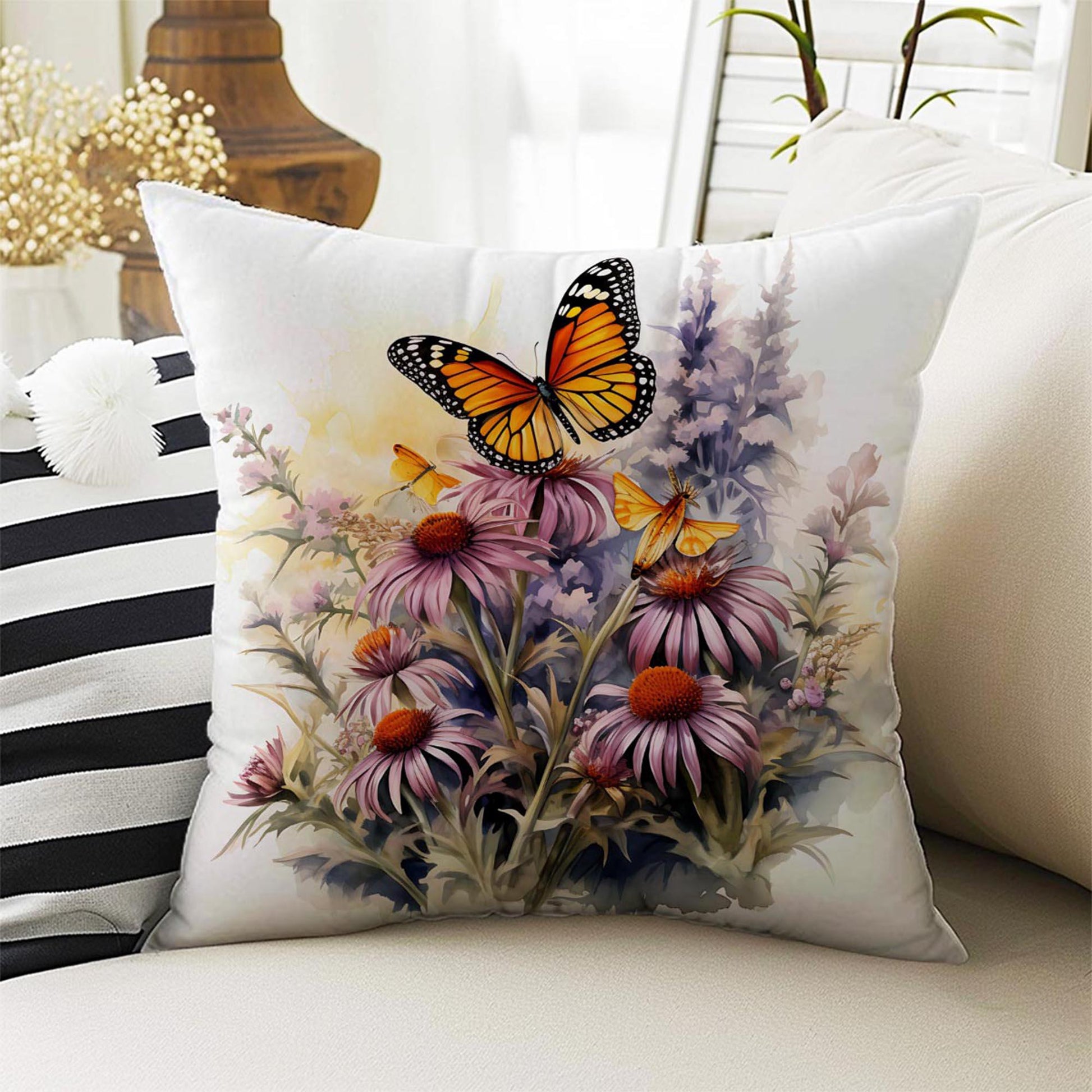 Wild Flowers Butterfly Theme Both Side Printed Pillow Cases, Cozy Cottagecore Accent Pillow, Floral Spun Pillow Cushion, Housewarming Gift