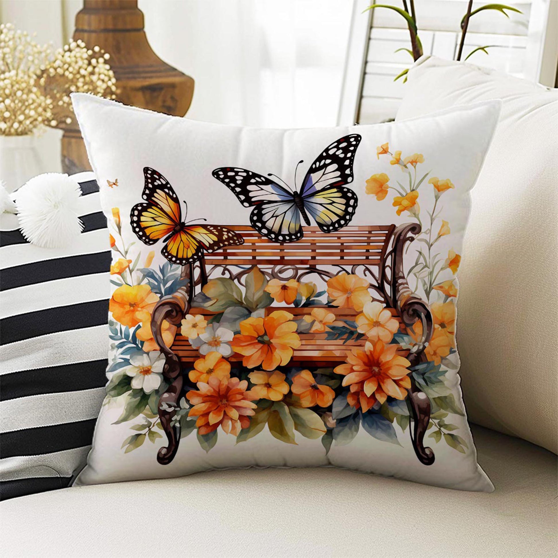 Wild Flowers Butterfly Theme Both Side Printed Pillow Cases, Cozy Cottagecore Accent Pillow, Floral Spun Pillow Cushion, Housewarming Gift