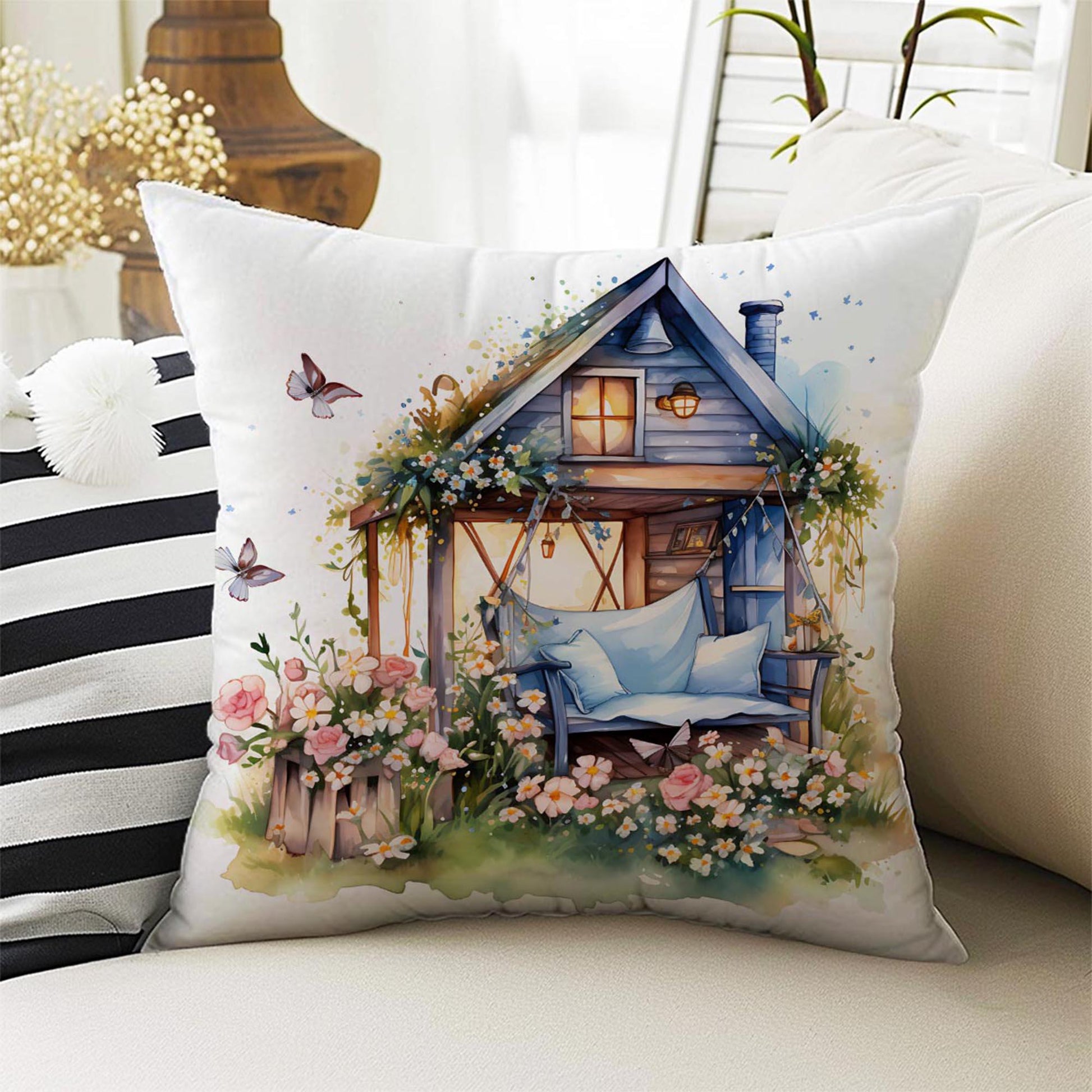 Purple Flowers Farmhouse Theme Both Side Printed Pillow Cases, Cozy Cottagecore Accent Pillow, Floral Spun Pillow Cushion, Housewarming Gift