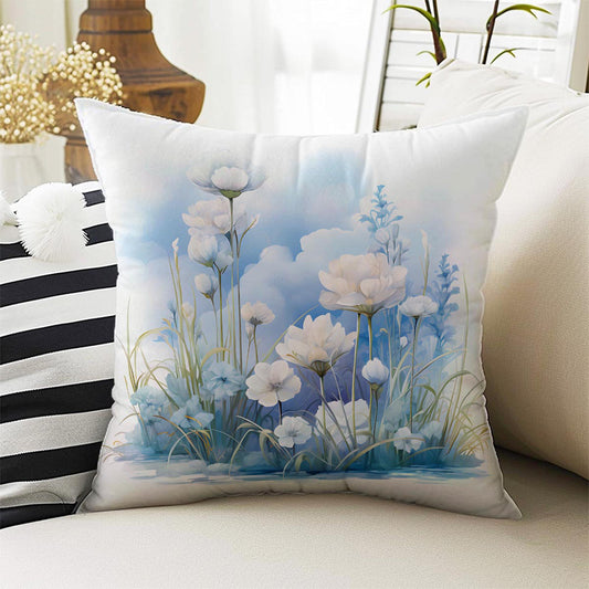 Blue White Flowers Theme Both Side Printed Pillow Cases, Cozy Cottagecore Accent Pillow, Floral Spun Pillow Cushion, Housewarming Gift