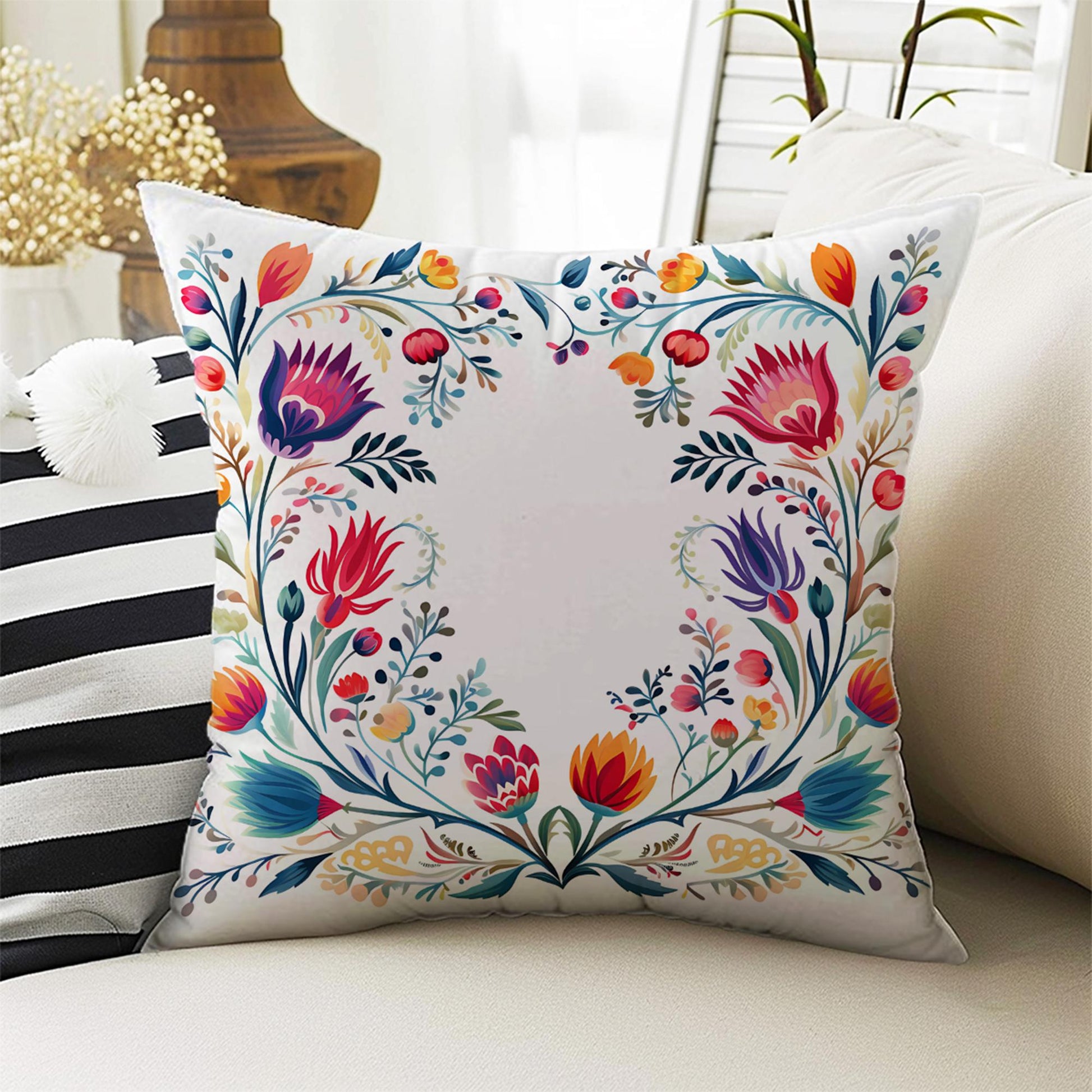 Colorful Turkish Retro Flowers Both Side Printed Pillow Cases, Cozy Cottagecore Accent Pillow, Floral Spun Pillow Cushion, Housewarming Gift