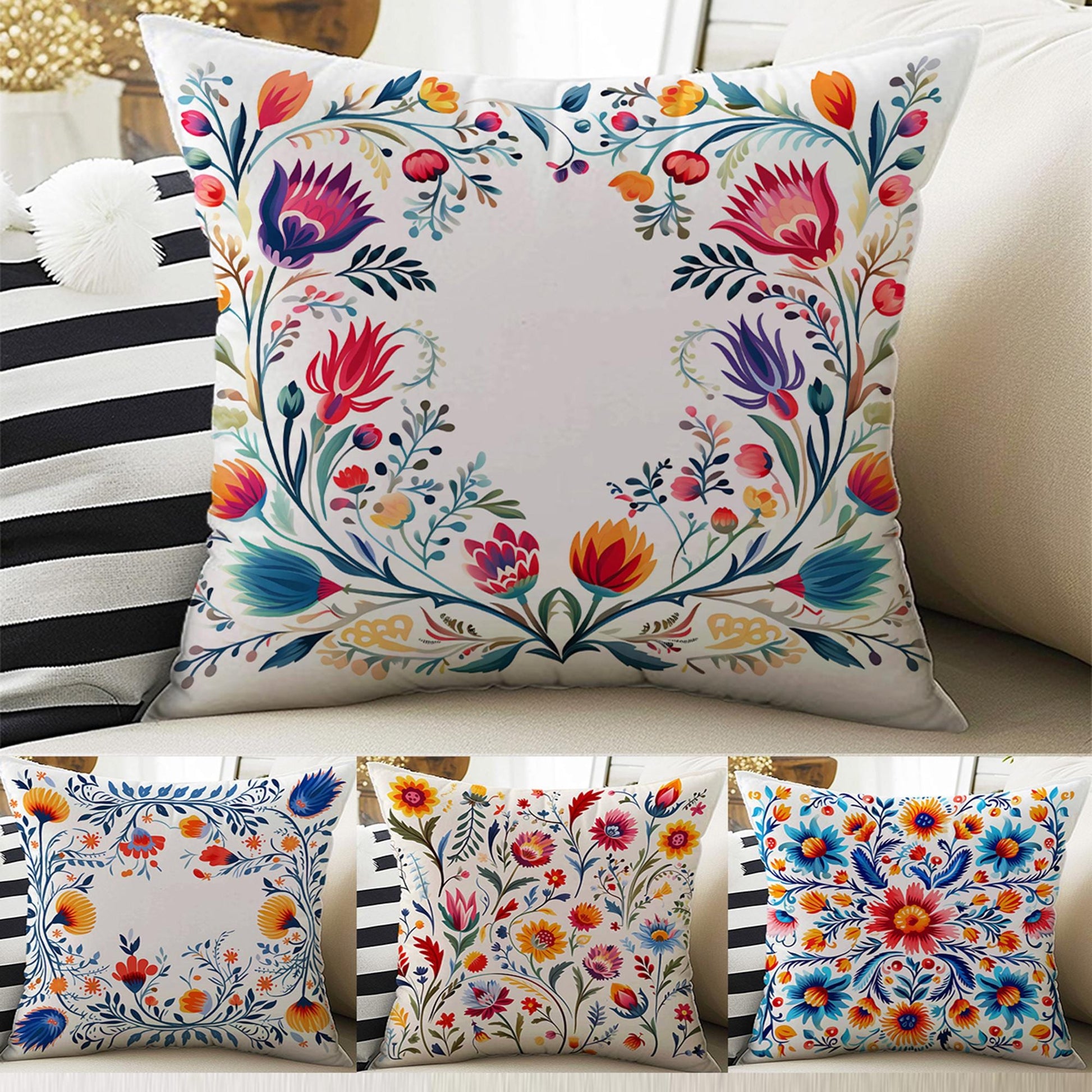 Colorful Turkish Retro Flowers Both Side Printed Pillow Cases, Cozy Cottagecore Accent Pillow, Floral Spun Pillow Cushion, Housewarming Gift