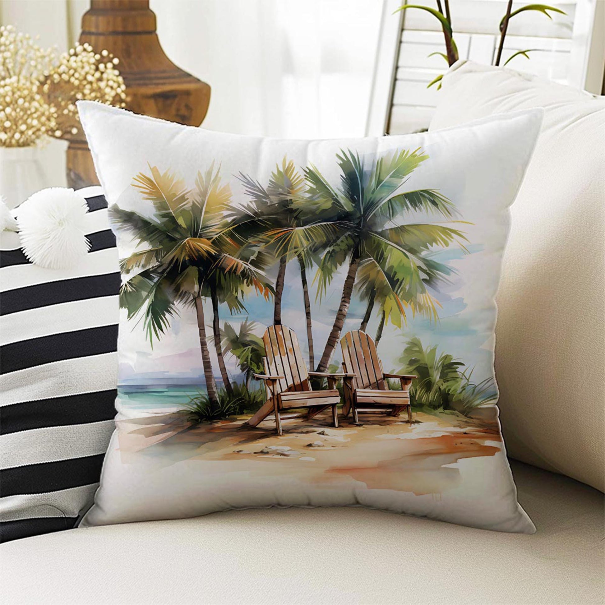 Tropical Summer Beach Theme Both Side Printed Pillow Cases, Cozy Cottagecore Accent Pillow, Tropic Spun Pillow Cushion, Housewarming Gift
