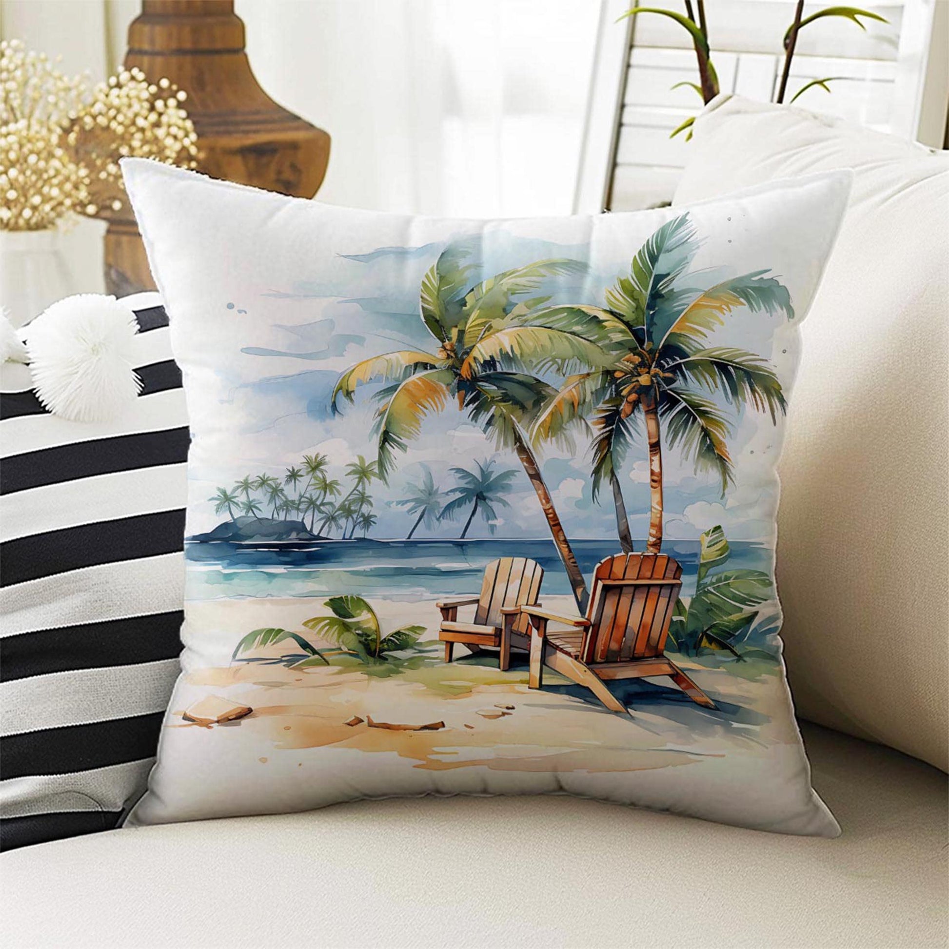Tropical Summer Beach Theme Both Side Printed Pillow Cases, Cozy Cottagecore Accent Pillow, Tropic Spun Pillow Cushion, Housewarming Gift