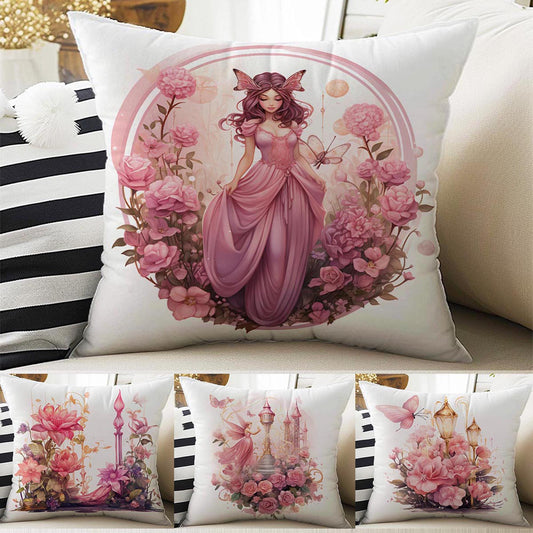 Pink Fairy Princess Floral Both Side Printed Pillow Cases, Cozy Cottagecore Accent Pillow, Flowers Spun Pillow Cushion, Housewarming Gift