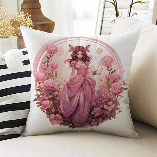 Pink Fairy Princess Floral Both Side Printed Pillow Cases, Cozy Cottagecore Accent Pillow, Flowers Spun Pillow Cushion, Housewarming Gift