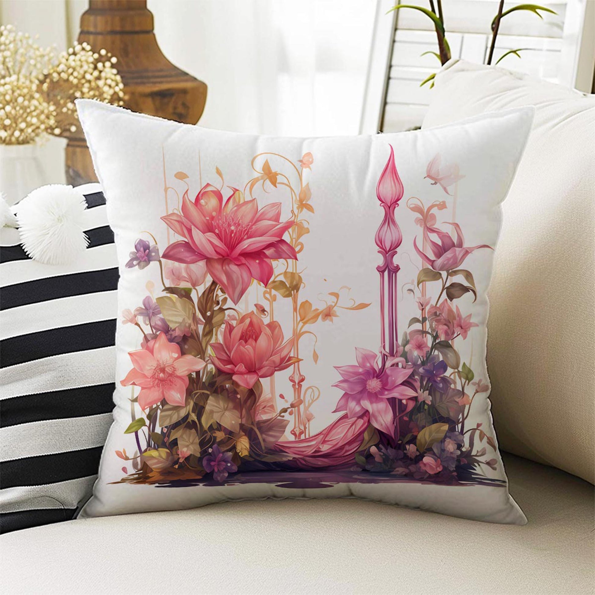 Pink Fairy Princess Floral Both Side Printed Pillow Cases, Cozy Cottagecore Accent Pillow, Flowers Spun Pillow Cushion, Housewarming Gift
