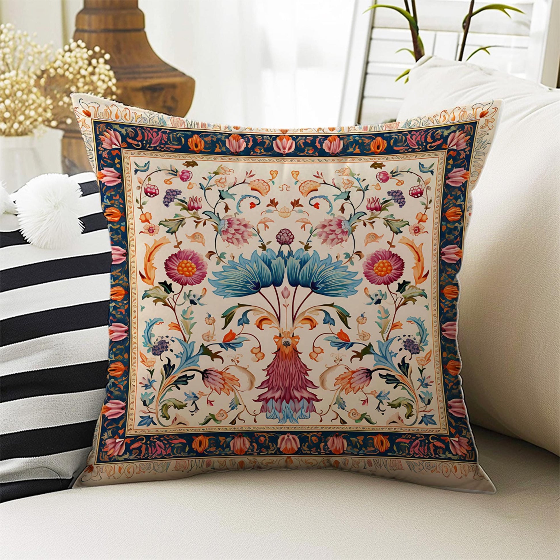Turkish Vintage Retro Flowers Both Side Printed Pillow Cases, Cozy Cottagecore Accent Pillow, Floral Spun Pillow Cushion, Housewarming Gift