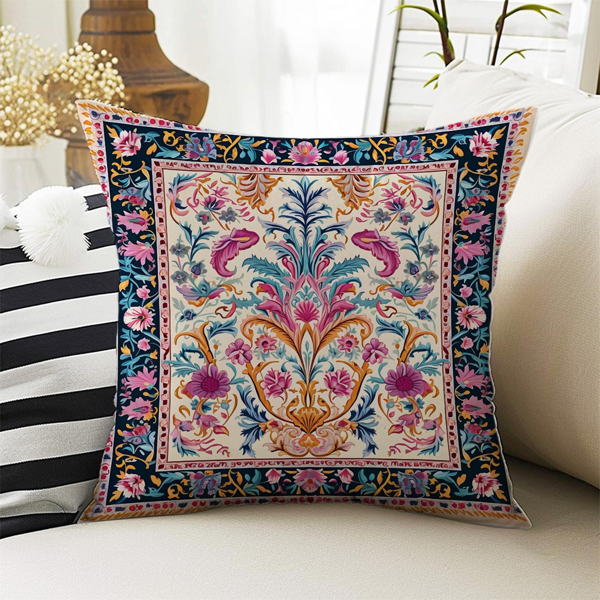 Turkish Vintage Retro Flowers Both Side Printed Pillow Cases, Cozy Cottagecore Accent Pillow, Floral Spun Pillow Cushion, Housewarming Gift
