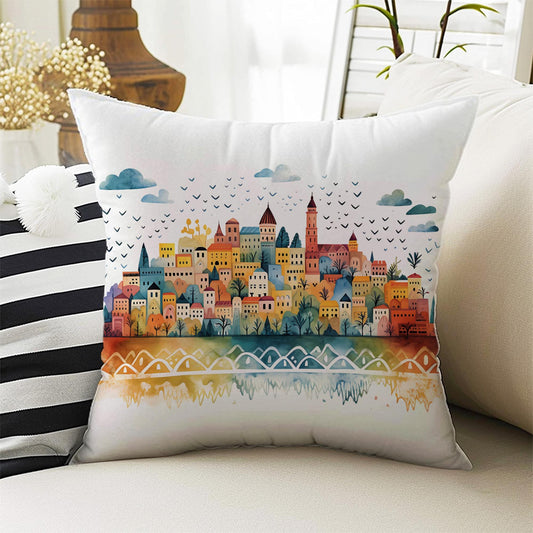 Colorful Retro Houses Both Side Printed Pillow Cases, Cozy Cottagecore Accent Pillow, Vintage City Spun Pillow Cushion, Housewarming Gift