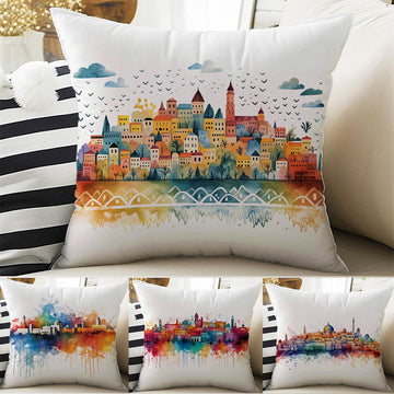 Colorful Retro Houses Both Side Printed Pillow Cases, Cozy Cottagecore Accent Pillow, Vintage City Spun Pillow Cushion, Housewarming Gift