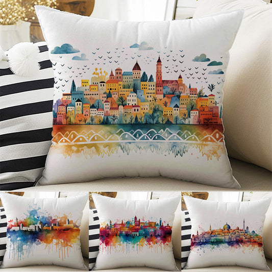 Colorful Retro Houses Both Side Printed Pillow Cases, Cozy Cottagecore Accent Pillow, Vintage City Spun Pillow Cushion, Housewarming Gift