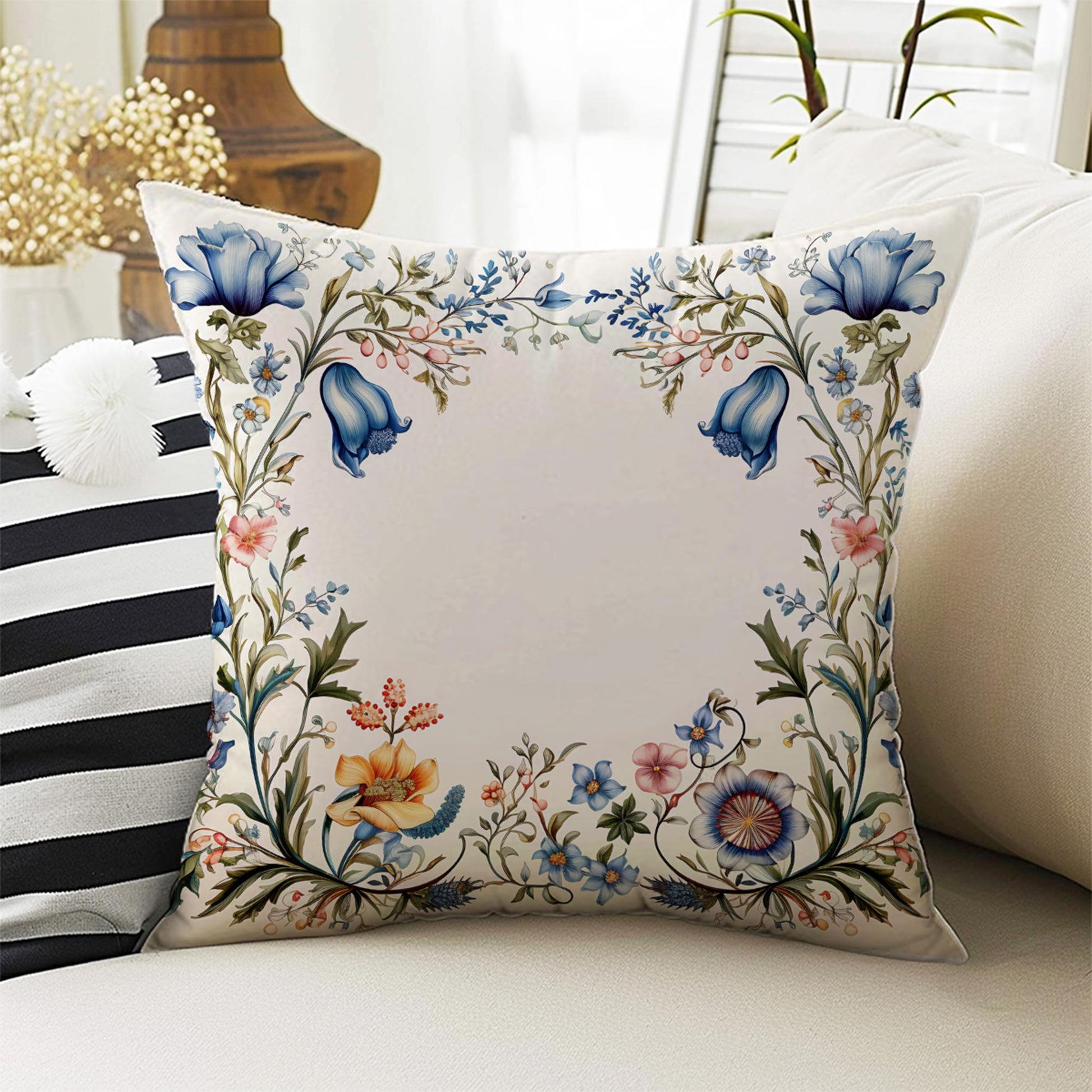 Vintage Retro Flowers Both Side Printed Pillow Cases, Cozy Cottagecore Accent Pillow, Turkish Floral Spun Pillow Cushion, Housewarming Gift
