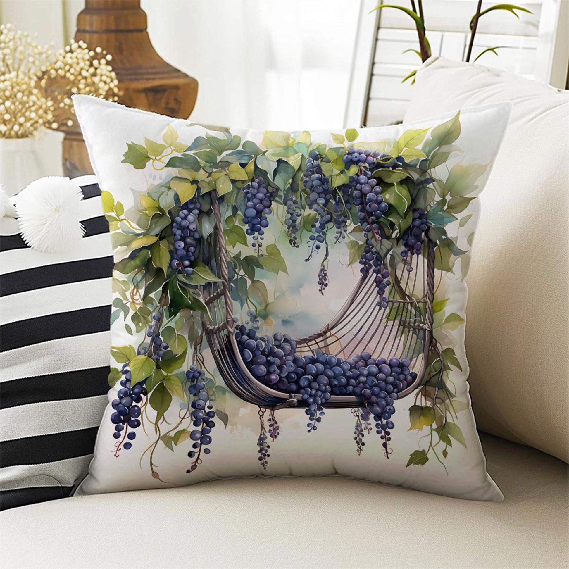 Grapes Garden Floral Both Side Printed Pillow Cases, Cozy Cottagecore Accent Pillow, Fruits Garden Spun Pillow Cushion, Housewarming Gift