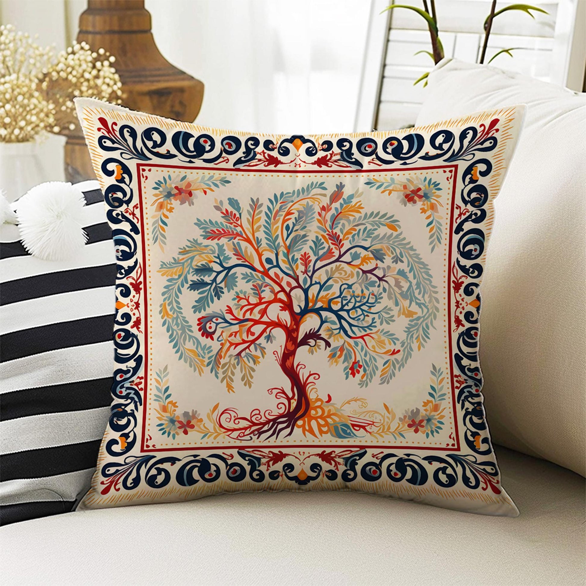 Tree Of Life Retro Both Side Printed Pillow Cases, Cozy Cottagecore Accent Pillow, Tree Floral Spun Pillow Cushion, Housewarming Gift