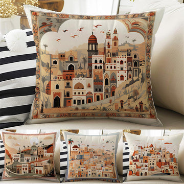 Vintage Retro Houses Town Both Side Printed Pillow Cases, Cozy Cottagecore Accent Pillow, City Spun Pillow Cushion, Housewarming Gift